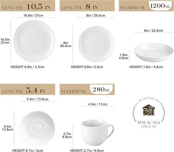 MALACASA 30-Piece Porcelain Dinnerware Set, White Round Dish Set for 6 | Serving Plates and Bowls Sets for Dessert, Salad, Soup, Pasta, Microwave & Dishwasher Safe, Including Cups - Series AMELIA
