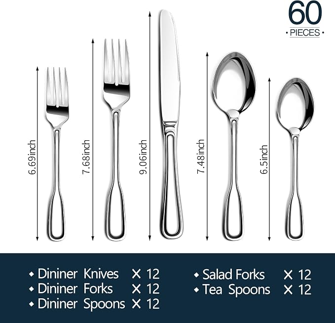 Silverware Set for 12, 60 Piece Boston Style Stainless Steel Flatware Set | Mirror Polished Utensils Spoons and Forks Set for Kitchen，Dishwasher Safe