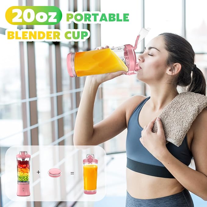 Portable Blender Personal Juicer for Shakes Smoothies with Insulated Sleeve | 20 Oz Electric Protein Shaker Bottle, Travel Lid, USB-C Rechargeable, Mini Small Cordless Blender Cup for Kitchen Travel Gym