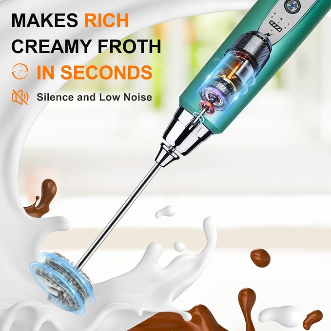 YUSWKO Handheld Milk Frother Wand for Coffee, Rechargeable Electric Whisk with 3 Heads 3 Speeds Drink Mixer Coffee Frother For Latte, Cappuccino, Hot Chocolate, Egg, Green