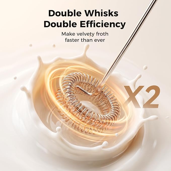 Rechargeable Milk Frother Handheld, 3 Speeds for Coffee, Latte | Electric Foam Maker with Dual Spring Whisk, Hot Chocolate, Portable Charging USB-C Stainless Steel Hand Drink Mixer