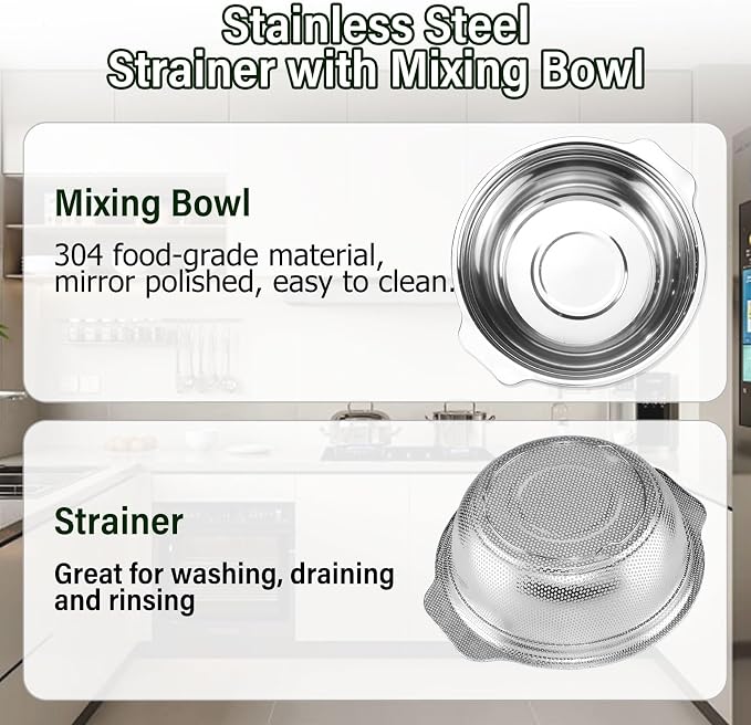 Extra Large 5.5QT Stainless Steel Colander, Large Capacity Rice Colander with Mixing Bowl, Rice Strainer for Vegetables, Fruit, Spaghetti, Pasta Strainer, Dishwasher Safe(2PC)