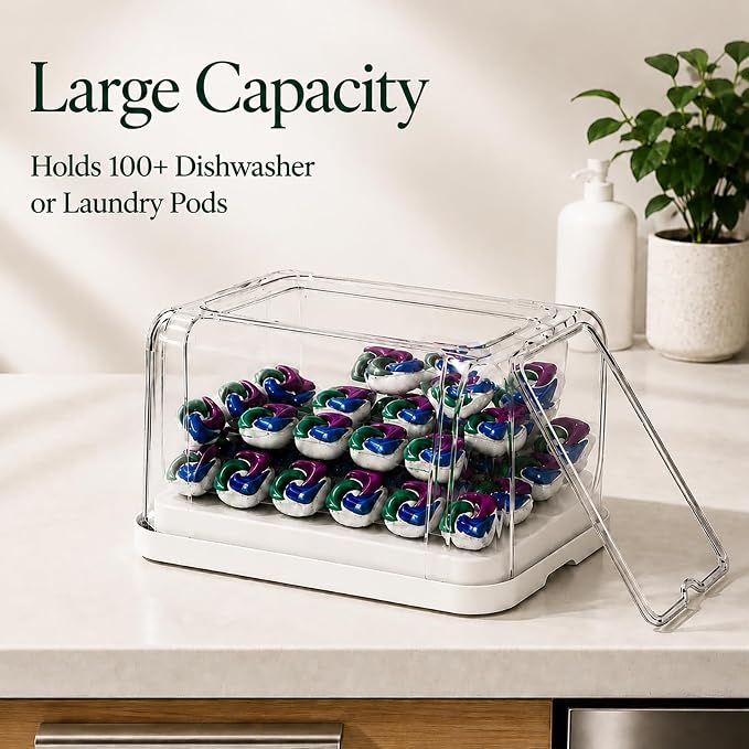 Trash Bag Holder & Dishwasher Pod Dispenser with 2 Bamboo Lid Storage Containers, Clear Acrylic Under Sink Organizer for Garbage Bags, Laundry Detergent Pods & Tabs, Kitchen Pantry Laundry Room
