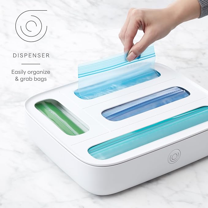 YouCopia StoraBag Drawer Food Bags Dispenser, 4-Slot, Plastic Sandwich Bag Organizer for Kitchen Storage, White