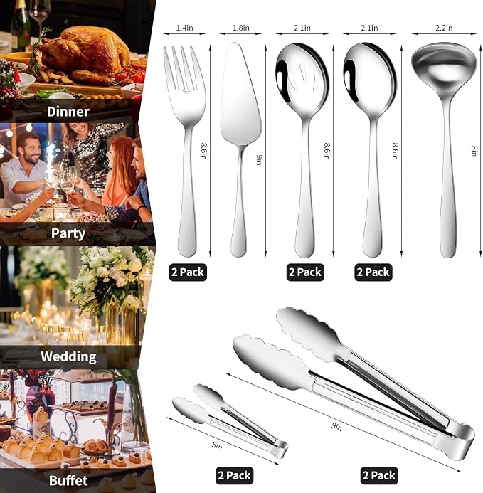 Gisly 12-Piece Serving Set - Large Spoons, Forks, Tongs, Ladle, Cake Server & Appetizer Tongs for Buffet Catering, Dishwasher Safe
