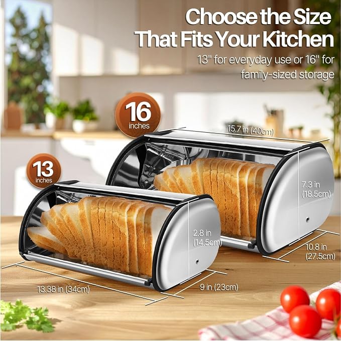 Flexzion Stainless Steel Bread Box, 16-Inch Bread Bin for Countertop | Large Bread Storage Container for Loaves, Bagels, Pastries, and Snacks; 15.75 X 10.83 X 7.28 Inches