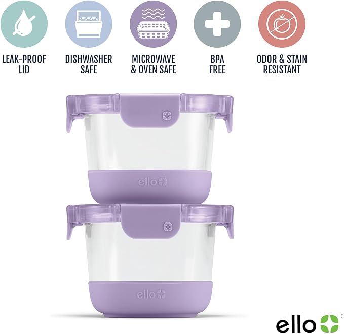 Ello Duraglass Refresh 2 Cup Meal Prep Sets 4Pc, 2 Pack - Glass Food Storage Container with Silicone Boot and Airtight BPA-Free Plastic Lids, Dishwasher, Microwave and Freezer Safe, Dusty Lavender