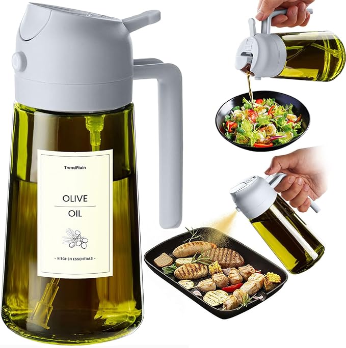 TrendPlain - Original 16oz/470ml Olive Oil Dispenser Bottle for Kitchen Gadgets and Air Fryer Accessories - Olive Oil Sprayer for Cooking w/Stickers - Ash
