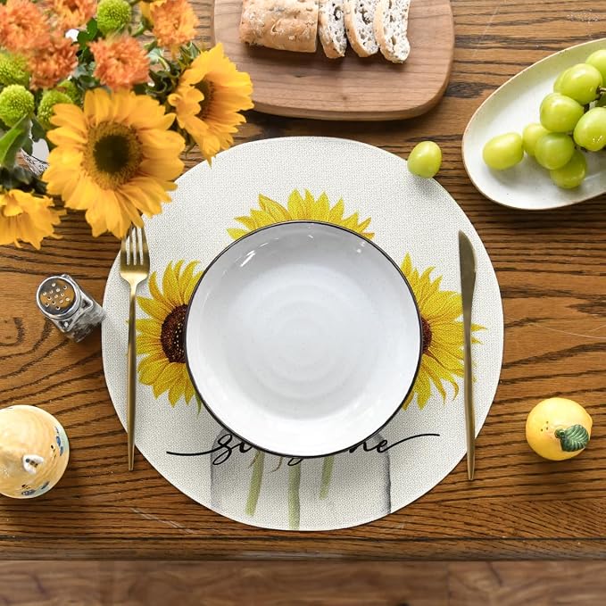 Artoid Mode Buffalo Plaid Sunflower Sunshine Vase Round Summer Placemats Set of 4, 14 Inch Spring Fall Table Mats for Dining Decoration