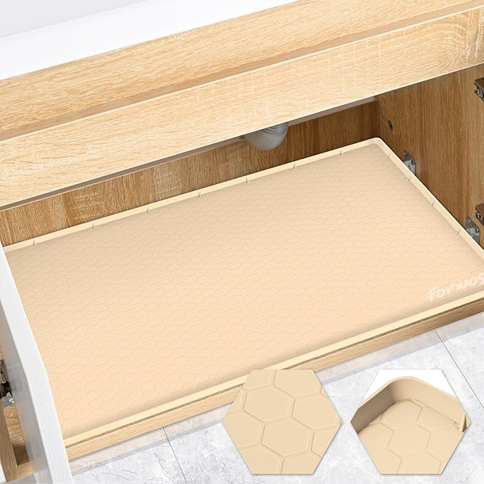 Silicone Under Sink Mat, 28"x22", Waterproof Cabinet Liner, Beige | Shelf Liner, Cabinet Protector, Home Organizer, for Kitchen, Bathroom, Multipurpose, Leak Proof, Easy Clean, Drip Tray, Clean