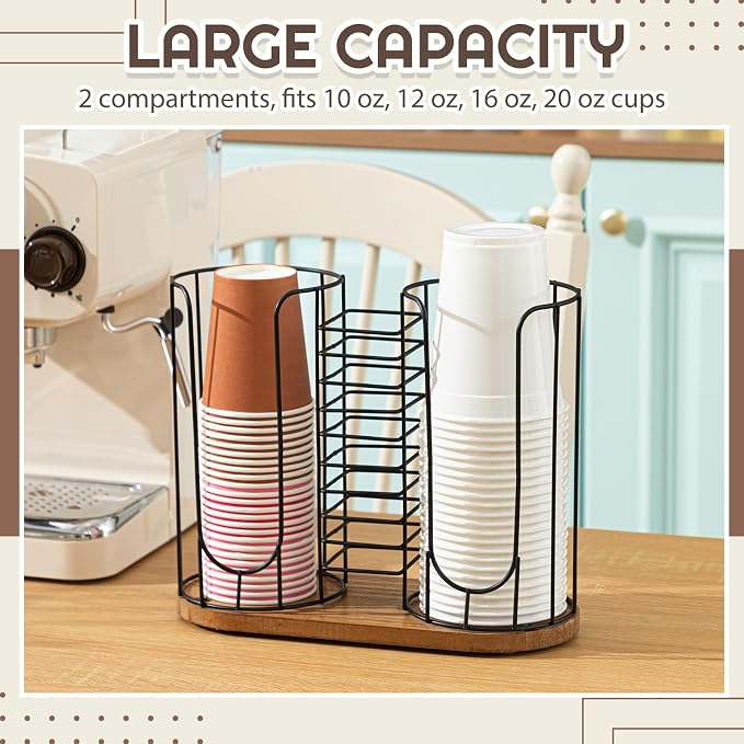 18oz Adjustable Coffee Cup Dispenser with Wooden Base, Cup and Lid Holder, Cups Holder Organizer for Coffee Pod Straw and Lid Storage(3-Compartment Single,Color 1)