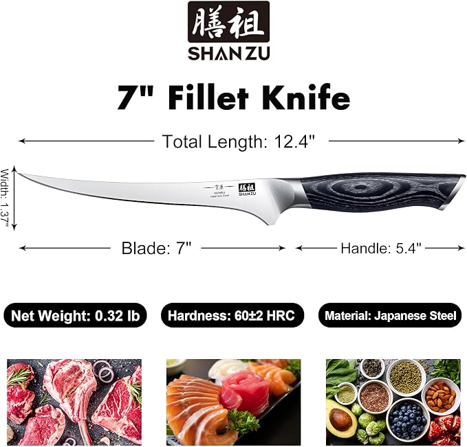 SHAN ZU 7 Inch Fillet Knife, Japanese Super Steel Boning Knife | Professional Ultra Sharp Fish knife with K133 Ergonomic Handle, Black Tortoise Genbu Series