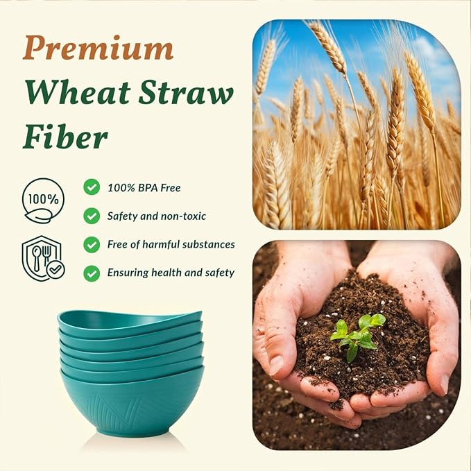 Salad Bowls 6 PCS Wheat Straw Bowls - 60oz Large Serving Bowl - Microwave and Dishwasher Safe Centerpiece Bowl Big Soup Bowl for Kitchen, Camping, Picnic, Party, Popcorn Bowl Set - Green