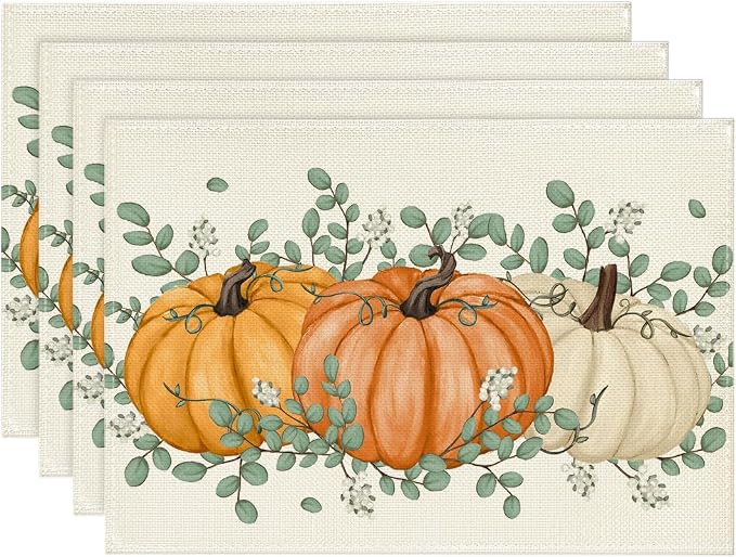 Artoid Mode Orange Pumpkins Eucalyptus Leaves Fall Placemats Set of 4, 12x18 Inch Autumn Thanksgiving Holiday Table Mats for Party Kitchen Dining Decor | Heat-Resistant Table Mats, Washable Seasonal Autumn Kitchen Dining Decor