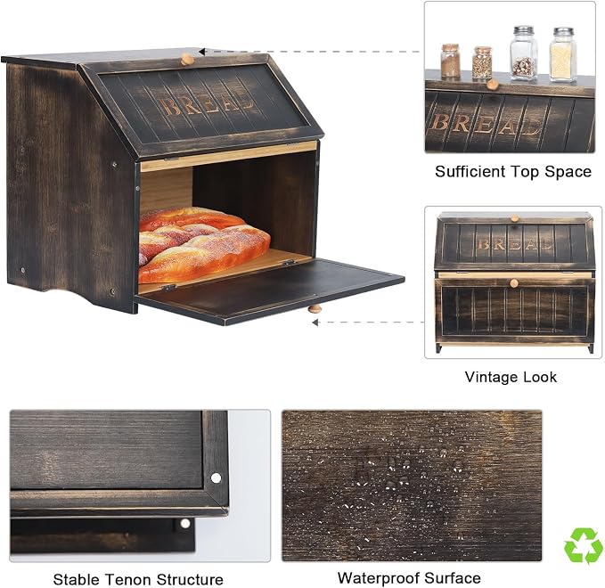 HOMEKOKO Vintage Double Layer Large Bread Box, Wood Bread Storage Bin,Black | Keeps Bread Fresh 3-4 Days, 2-Tier Capacity Fits 2+ Loaves,Suitable For Farmhouse/Rustic Kitchens Use, Retro Design