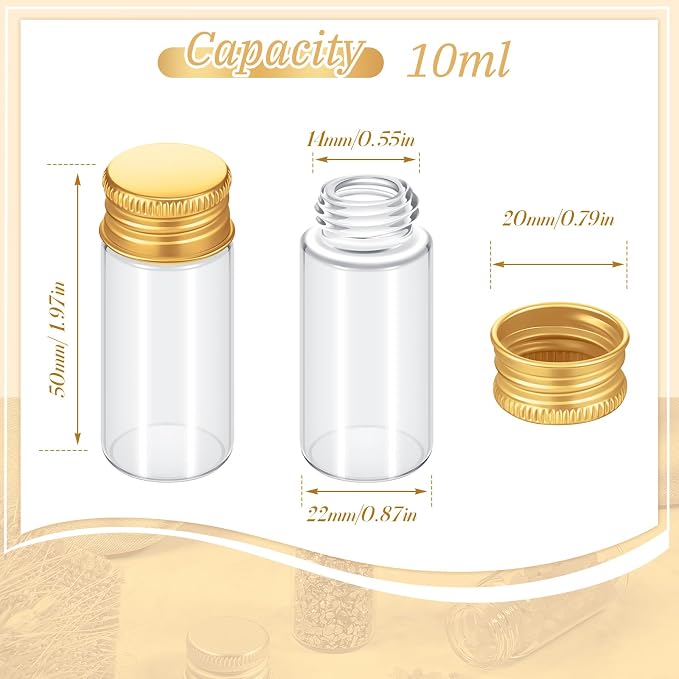 Didaey 200 Pcs Small Clear Vials Spice Mini Jars with Lids Mini Glass Bottles with Screw Aluminum Metal Caps Tiny Jars Sample Containers for Powder Cream Cosmetic Jewelry Wedding (10 ml,Gold Caps)