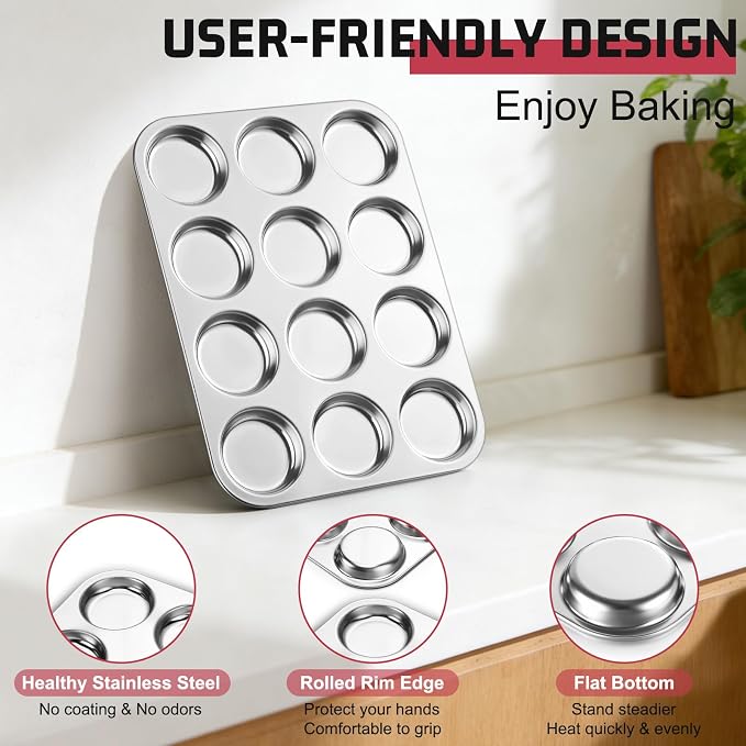 E-far 12-Cavity Muffin Top Pan, Stainless Steel Shallow Cupcake Pan for Yorkshire Pudding, Eggs, Whoopie Pie, Cornbread, Non-toxic & Dishwasher Safe