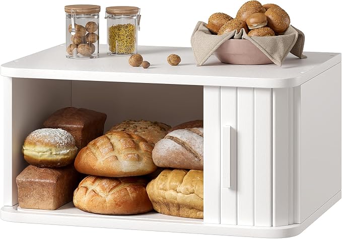WOWLIVE Roll Top Bread Box for Kitchen Countertop, Bamboo Bread Storage | Airtight Bread Containers, Large Bread Bin with Sliding Door for Loaves, Bagels, Countertop Storage Cabinet, White, Medium