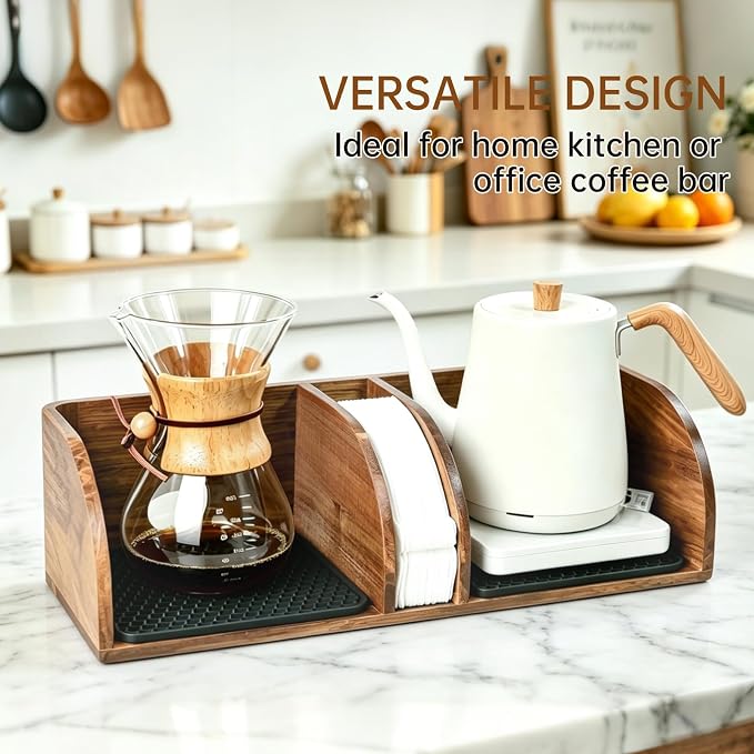 Acacia Coffee Bar Station Organizer Stand Caddy for Chemex Pour Over Maker | Coffee Paper Filter Holder for Countertop Wood Caddy Storage Organizer for Chemex Bodum Cosori Coffee Maker with silicone Pad