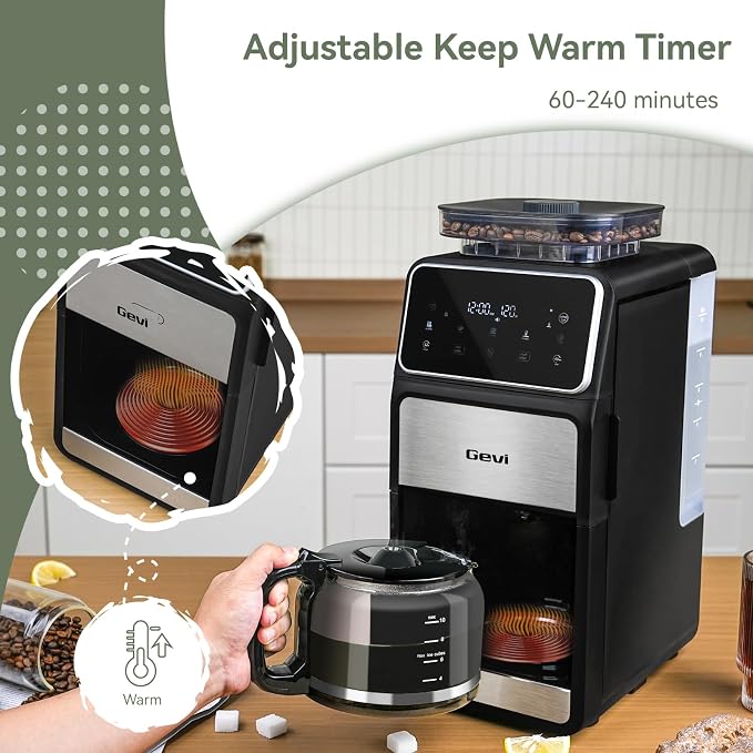 Gevi 10-Cup Grind & Brew Drip Coffee Maker with Built-In Burr Grinder | 24-Hour Programmable Timer, Touch Screen Control, 4-Hour Warm Plate, Permanent Filter with Original Glass Coffee Carafe