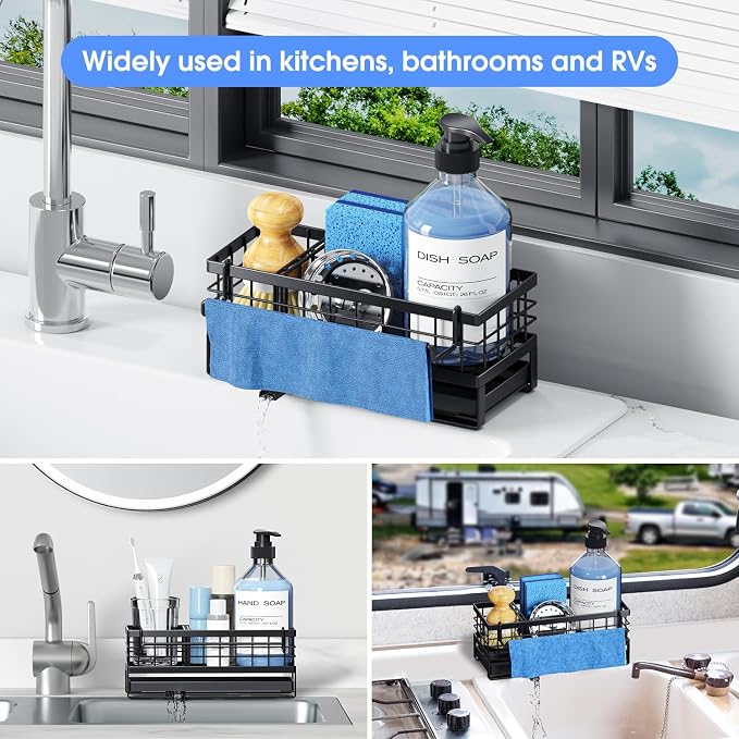 Metal Kitchen Sink Sponge Holder, Countertop Sink Caddy, Black | Rustproof Kitchen Caddy Sink Organizer, Non-Slip Sponge Caddy with 360° Self-Draining Tray, Detachable Dish Cloth Holder