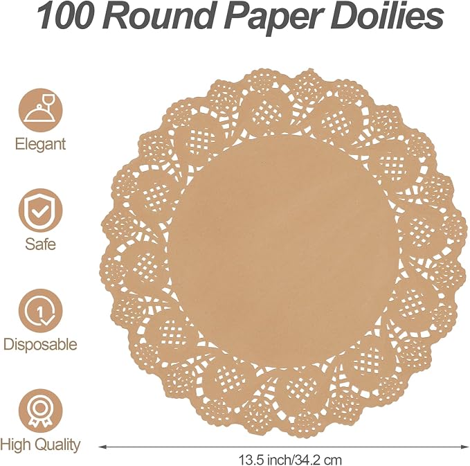 MCEAST 100 Pack Round Brown Kraft Paper Doilies 13.5 Inches Lace Paper Place Mats Rustic Scallop Doily Disposable Table Pads for Food Cakes Crafts Party Weddings Tableware Decor