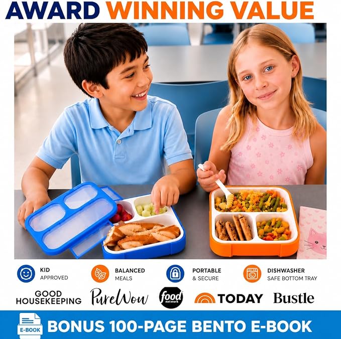 kinsho Bento Boxes for Kids, Lunch Box Set For Boys Girls Toddlers, Leak Proof 3 Compartment Meal or Snack Containers Perfect for School Travel Work, BPA Free. Blue Orange 2 Pack Medium - Small