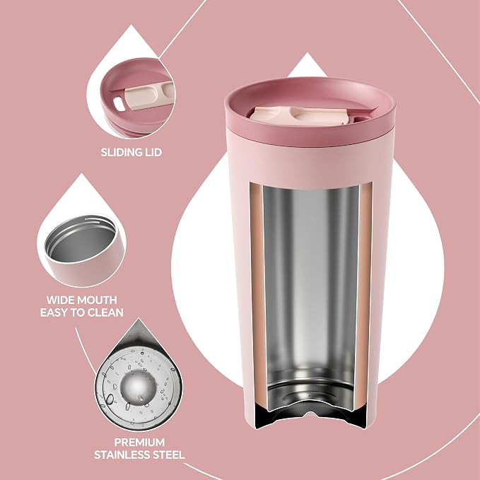 Ideus 17 oz Travel Coffee Mug, Double Wall Vacuum Stainless Steel Insulated Coffee Tumbler With Lid, Splash-Proof & Cup Holder Friendly, Keeps Drinks Hot/Cold, Dishwasher Safe, Blush