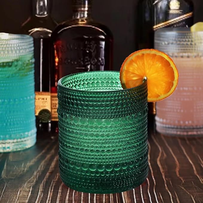 Vintage Hobnail Driinking Glasses Set, Glassware Drinking Set of 8, 12 oz Highball Glasses & 10 oz Cocktail Glasses, Tumbler Glasses for Cocktails, Whiskey, Juice, Milk, Blackish Green