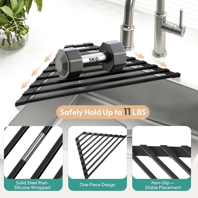 Small Foldable Triangle Roll Up Dish Drying Rack for Sink Corner, Black | Collapsible Stainless Steel with Silicone Coated Over Sink Rack, Space Saving Kitchen Sink Caddy Organizer for RV & Camper