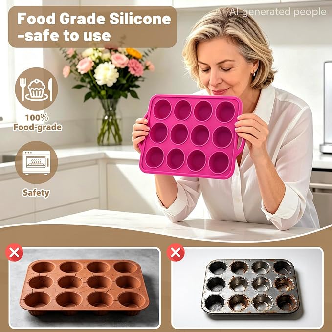 Silicone Mini Muffin Tin Set: 12 & 24 Small Cupcake Baking Tin with Frame | Easy Release - Complete Shaping Each Use Avoid Re-baking - BPA-free Muffin Trays Reinforced Frame for Oven Home Bakers Vnray