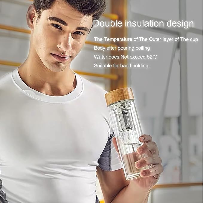 Tea Bottle, 14 oz, Borosilicate Glass, Double Wall, Infuser & Strainer, Bamboo Lid, 400ml