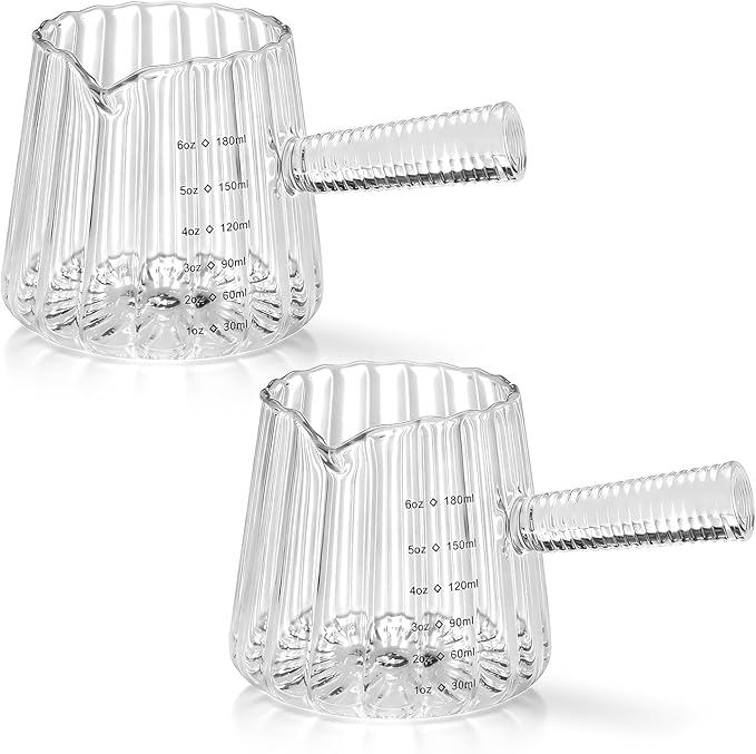 2 PCS Espresso Measuring Cup 6 Oz, Espresso Glass Cups with Glass Handle, Milk Frothing Cup, Espresso Cup for Coffee, Milk, Tea or Maple Syrup Serving (Pure Transparent Color)