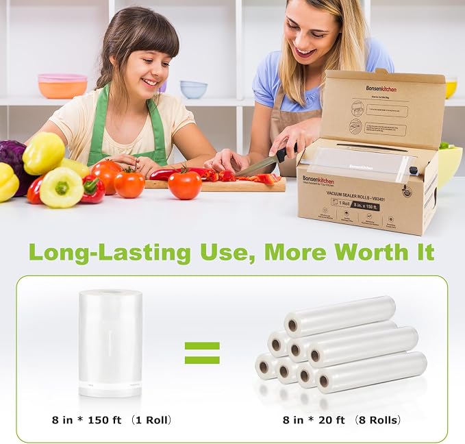 Bonsenkitchen 8” x 150’ Vacuum Sealer Bags Rolls with Cutter for Food | Commercial Grade, Meal Prep and Sous Vide Cooking, Puncture Resistant Heavy Duty Design, BPA Free Food Grade Safe Material
