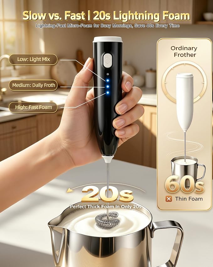 Milk Frother Handheld,Portable Electric Drink Mixer&Wand,Egg Whisk-Black | USB C Rechargeable | 3 Detachable Whisks | 3 Adjustable Speeds | Quiet Operation | For Coffee, Latte, Matcha,protein powder