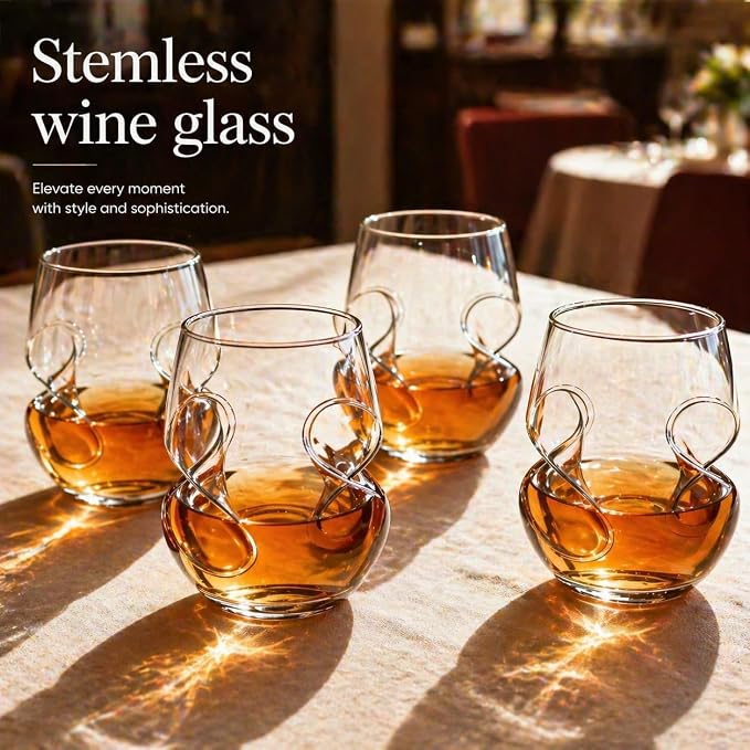 4 Pack Stemless Wine Glasses, 16 oz Handcrafted Clear Glass Set with Finger Indentations, Suitable for Everyday Use, Hosting, Evening Parties, and Celebrations