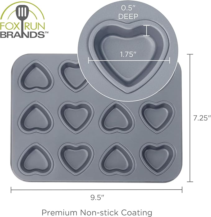 Fox Run Mini Heart Muffin Pan, 12-Cup, Preferred Non-Stick, Gray | Make Mini Heart Muffins & Cupcakes | Baking Pan For Valentine's & Date Nights | Easy Rlease Nonstick | Makes 12 Mini Hearts