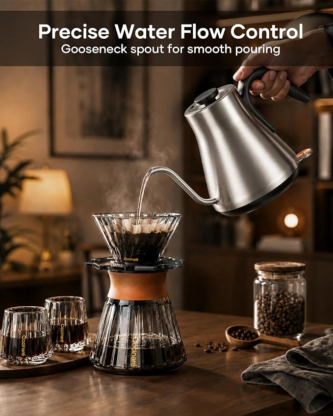 Cocinare Gooseneck Electric Kettle 0.8L, Fast Boil Pour Over Coffee, Tea | 1440W Fast Boil, 304 Stainless Steel Interior, Gooseneck Precision Spout, Auto Shut-Off & Boil-Dry Protection, Loos Silver