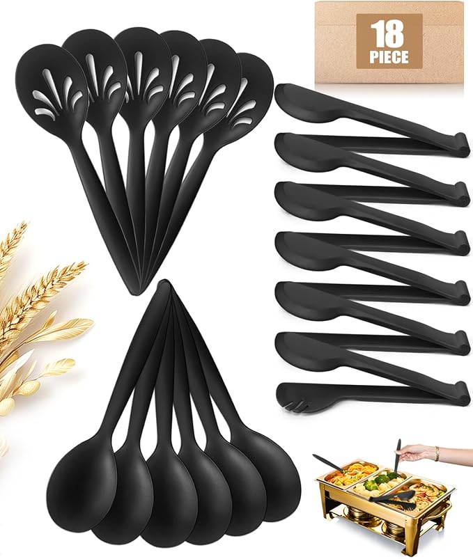 Reusable Plastic Serving Utensils Set of 18, Wheat straw Large Serving set 10" Serving Spoons/10" Slotted Spoons/9.4" Tongs, for Party Chafing Dish Buffet Catering (Black, Not for Cooking)
