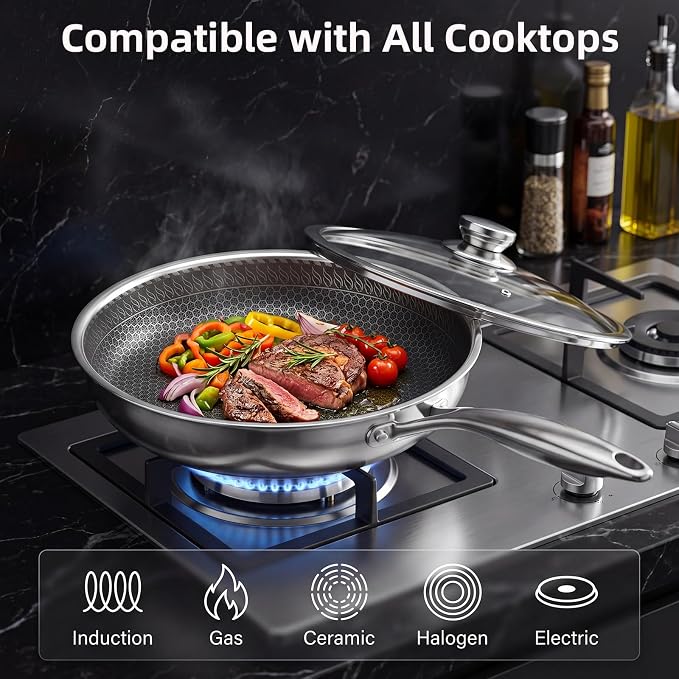 GPY 12 Inch Non Stick Frying Pan with Lid, 316L Stainless Steel Frying Pan | Skillet with Honeycomb Surface Compatible with All Cooktops, Dishwasher Safe & Oven Safe PTFE & PFOA FREE Kitchen Cookware