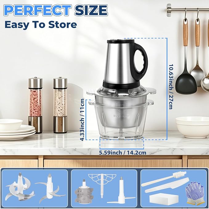 Food Processor-2 Bowls (8Cups+8Cups),800W Food Chopper Meat Grinder | 【2 Sets Stainless Steel Blade】【Pure Copper Motor】Small Food Processor for Meat,Vegetable,Garlic,Onion,Chicken Shredder