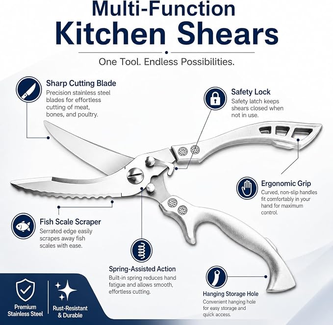 Heavy Duty Kitchen Scissors, All Purpose Kitchen Shears For Meat, Chicken, Bone, Turkey, Fish, Vegetables. Spring Loaded Multipurpose Ultra Sharp Professional Poultry Scissors