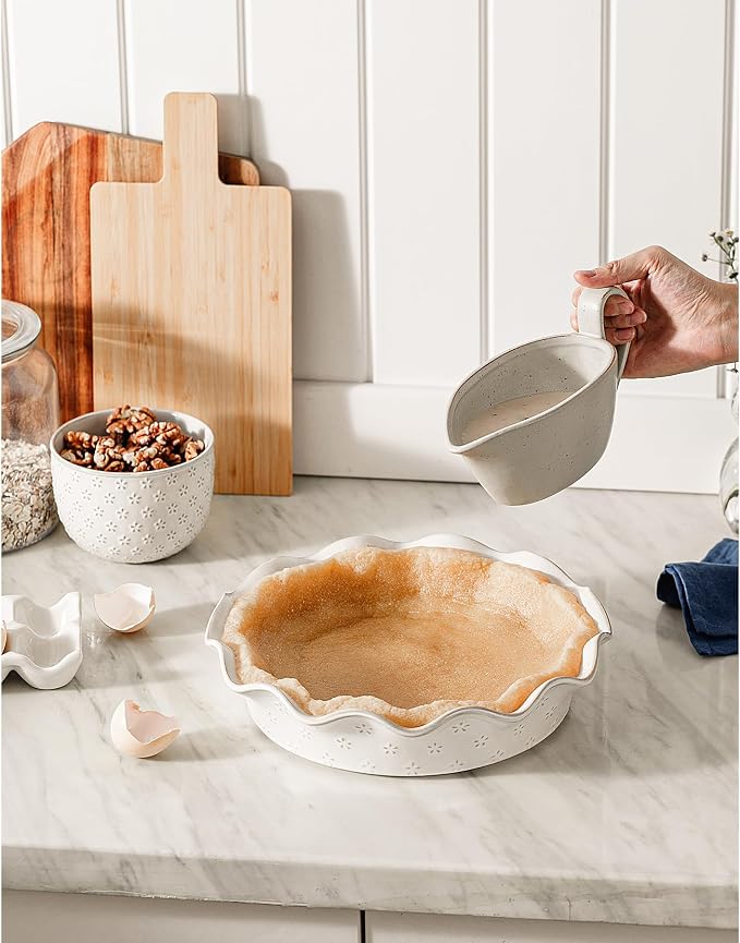 Ceramic Deep Pie Pan for Baking, 11 inch Porcelain Pie Plate for Apple Pie, Oven & Dishwasher Safe, Farmhouse Decor, 48 Ounce Deep Plate for Kitchen, Non-Stick Pie Dish, Embossed Flower