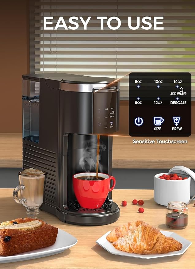 Electactic LED Single Serve Coffee Maker for KCup Pods & Ground Coffee | 2 in 1 coffee machine, 40oz removable water tank, 5 brew sizes 6–14oz, fast heating & self-cleaning for home and office