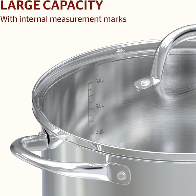 Sunhouse Stock Pot with Lid - 7 QT Large Pot for Cooking Pasta, Soup, Ollas | Impact-bonded Base Big Stainless Steel Pots for Canning, Boiling, Spaghetti - Oven Safe & Induction Compatible