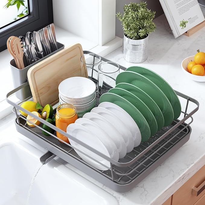 Kitsure Dish Drying Rack for Kitchen Counter, 12''W x 15.5''L, Grey | Stainless Steel Sink Organization, Cutlery Holder, Home and Appartment Decor