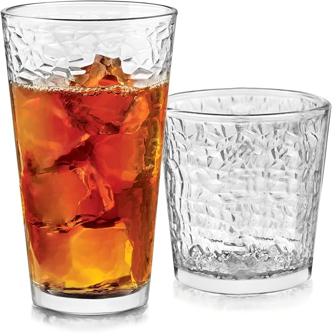 Libbey Yucatan Textured Tumbler & Rocks Drinking Glasses Set of 16 | Jumbo Margarita Glass Cups with 16.2 oz and 13 oz Capacities for Frozen Cocktails, Mocktails & Entertaining