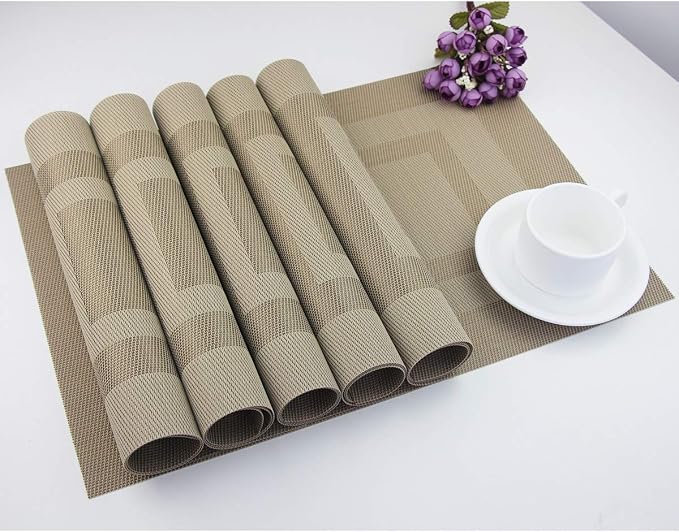 PIGCHCY Placemats Set of 12 Washable Durable Place Mats Vinyl Heat Resistant Non-Slip Table Mats Indoor Outdoor (18 x 12 inches, Beige)
