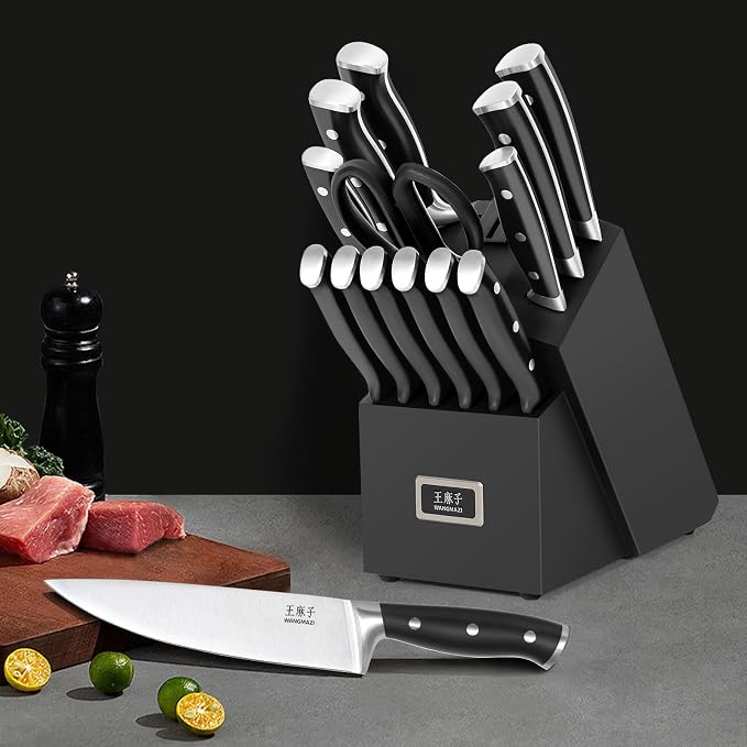 15 Pcs Knife Set with Block, Dishwasher Safe Kitchen Knife Set with Built in Sharpener Block, High Carbon Stainless Steel Dishwasher Safe Knives with Ergonomic Handles for Chef, Black Pro