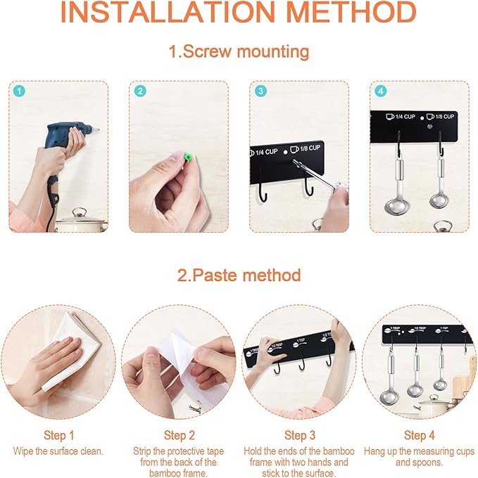 Premium Measuring Cups and Spoons Hanging Rack with stick | Measuring Cup Organizer Rack Suitable for Kitchen Hanging Including Screw and Adhesive Mounting (Stickers+Measuring)